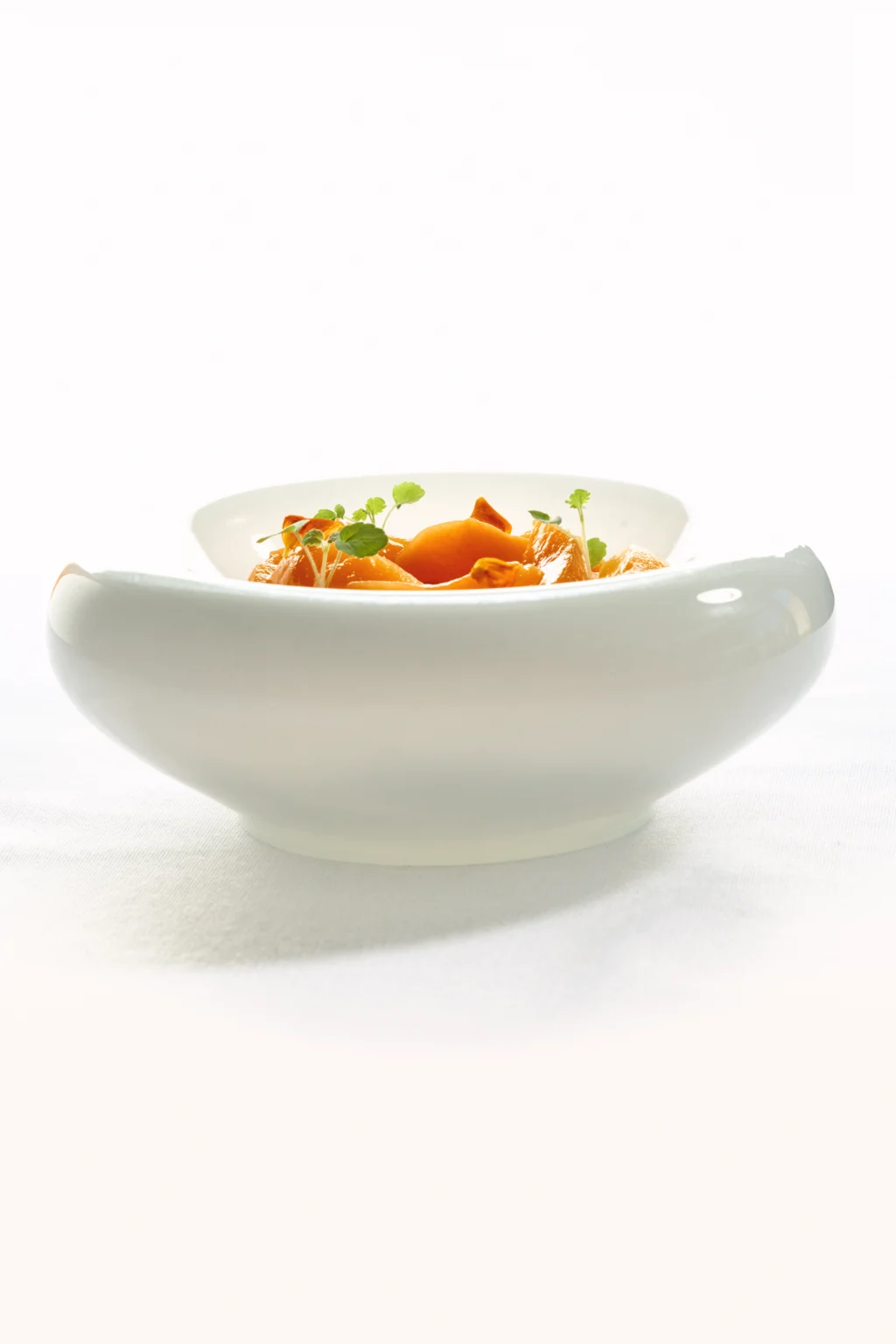 Bol blanc contenant une préparation culinaire colorée sur fond clair.